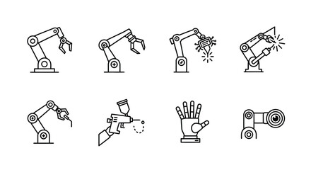 Set of industrial robot arm icons featuring grippers welders and robotic hand designs vector © Nur