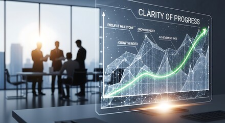Business team meeting with data visualization showing progress and growth