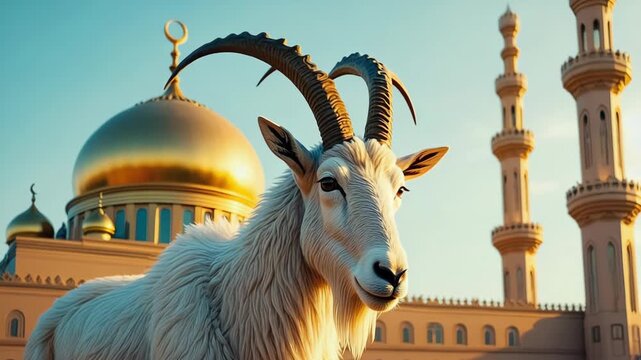 white goat with curved horns, standing in front of a grand mosque, eid al adha celebration theme, blue sky background