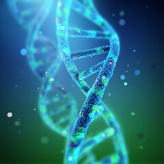 DNA Double Helix Structure with Abstract Blue and Green Background Perfect for Science and Medical Illustrations