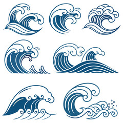 stylized ocean wave icons in shades of blue
