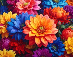 Obraz premium A vibrant close-up showcasing various colorful blossoms, petals fully open, exhibiting textures and hues from red to yellow