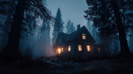 Haunted house in the woods with spooky glowing windows