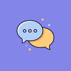 Two colorful overlapping speech bubbles with ellipsis on a purple background, representing communication and dialogue.