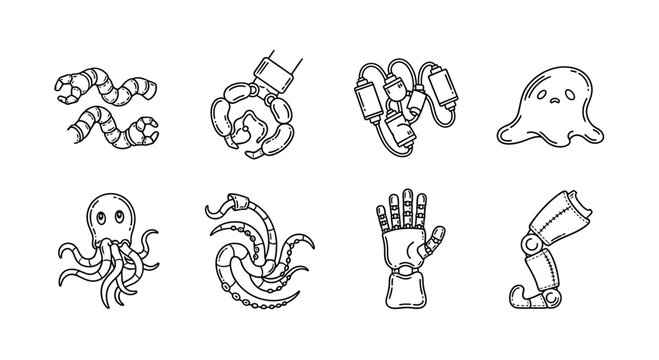Collection of whimsical hand drawn cartoonish characters and creatures sketch style line art vector