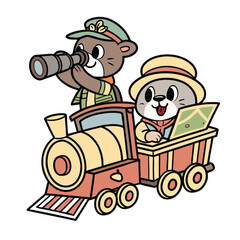 Cartoon Explorer Train Sticker With Binoculars And Adventure Theme