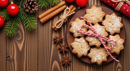 Christmas cookies on a wooden plate with cinnamon sticks and red berries.