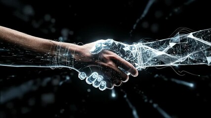Man shaking artificial intelligence hand in digital space. Business deal, innovation, future technology collaboration concept. - Powered by Adobe