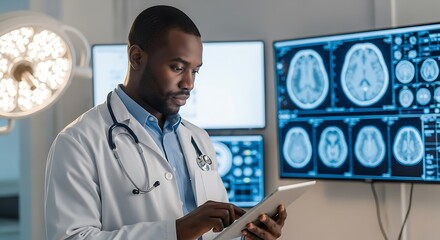 Focused Doctor Examining Medical Data on Tablet in Modern Hospital Setting for Diagnosis and Treatment Planning
