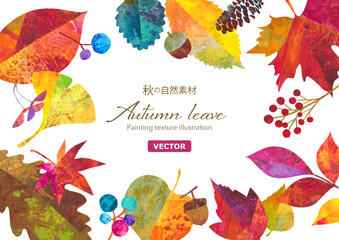 秋の紅葉した、落ち葉や木の実でデザインした囲みフレーム。カラフルなペインティングテクスチャのイラスト。（ベクター）