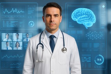 The Visionary Medic: A serious-looking medic poses amidst a modern interface and display of information, signifying advancement in healthcare and science.