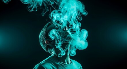 Man exhaling vibrant turquoise smoke on a dark background creating a surreal and artistic composition