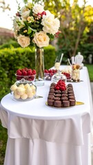 Naklejka premium Elegant dessert table, flowers, fruit, and chocolates in a garden setting