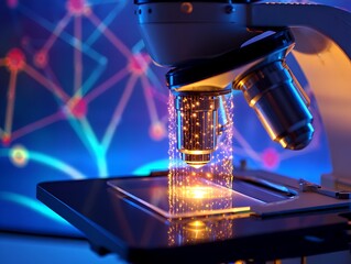 High Resolution Microscope Illuminating a Specimen with Advanced Technology and Molecular Network Visualization for Scientific Research