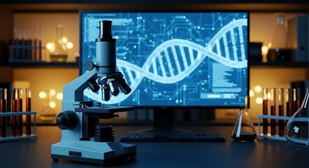 Modern Microscope in a Research Laboratory with DNA Illustration on Screen for Scientific Advancements and Medical Research