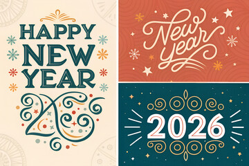 Naklejka premium Happy New Year 2026: Set of Three Vintage & Modern Hand-Lettered Greeting Cards with Festive Designs