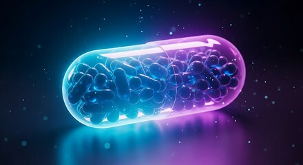 Pharmaceutical Capsule Filled with Pills Glowing in Blue and Purple Light for Medical Concept and Drug Development