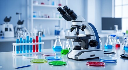 Scientific laboratory research and development with microscope test tubes petri dishes and modern equipment for pharmaceutical and biotech innovations