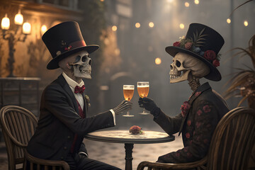  Macabre meets chic: Two stylish skeletons enjoy a lively beer toast at a quaint cafe under festive string lights.