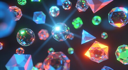 Abstract background of colorful glowing geometric crystal shapes.