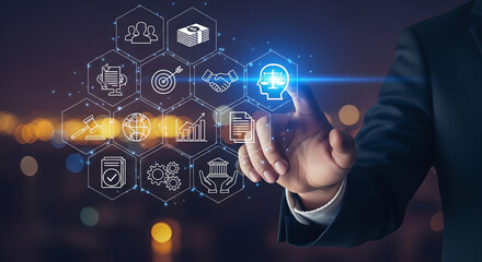 Fototapeta premium Legal Technology System Hand Touching Holographic Interface Copy Space