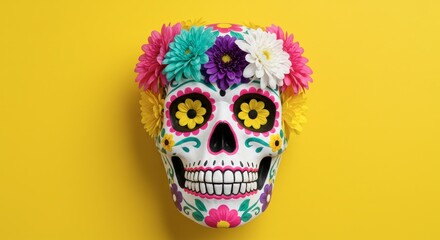Vibrant day of the dead sugar skull with colorful flowers on yellow background for festive decor and traditional celebration