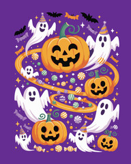 Solid color Halloween vector with haunted mansion, retro pumpkins, Dia de los Muertos skeletons, spooky typography, mushrooms & eerie night scene