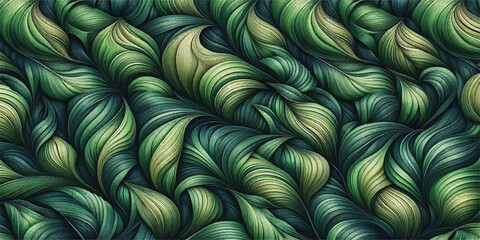 A mesmerizing background pattern showcasing green tropical leaves in a fluid, rippling effect. The color palette offers a lush, organic feel.