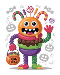 Solid color Halloween vector with haunted mansion, retro pumpkins, Dia de los Muertos skeletons, spooky typography, mushrooms & eerie night scene