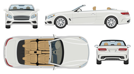 Vector template of a white luxury convertible car shown from four angles: front, side, rear, and top. Simple colors without gradients and effects.