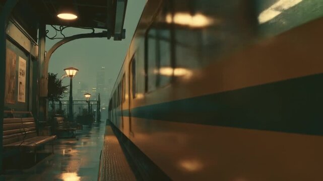 Yellow train arrives at a station on a rainy day