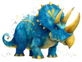 Fototapeta premium A vibrant blue triceratops with golden accents stands majestically, painted in a watercolor style, against a clean and crisp white backdrop.