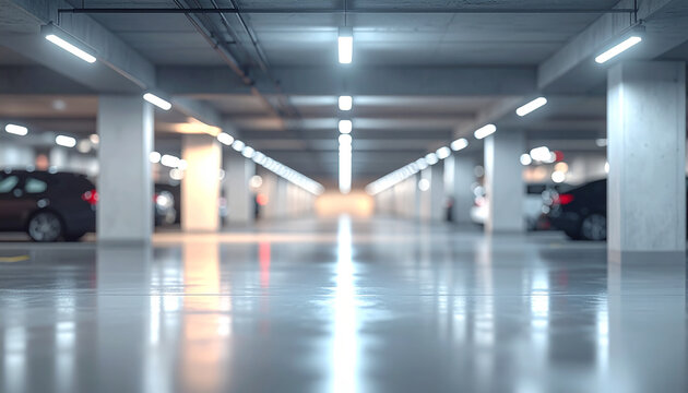 Blurred underground parking garage background with cars, concrete columns, soft blur and bokeh