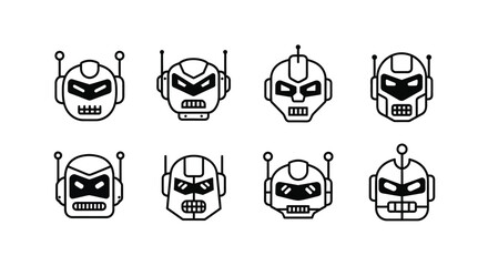 Collection of eight retro sci-fi robot heads with distinctive face designs and antennas vector