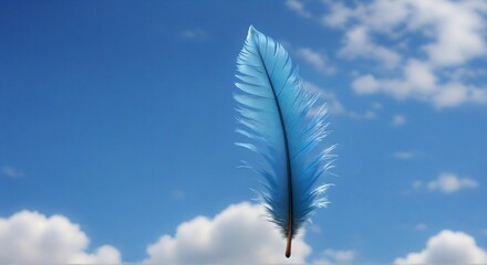 A delicate blue feather floating against a bright sky. Light feather illustration shining in sunlight over the sky. Floating feather artwork conveying freedom and calm.