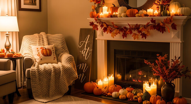 A cozy autumn living room with fireplace and pumpkins galore - Powered by Adobe
