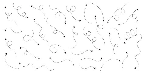 Hand drawn curve dotted line arrow set. Sketch curved dashed arrows design. curved hand drawn arrows. Zigzag arrow stripes design with dotted lines