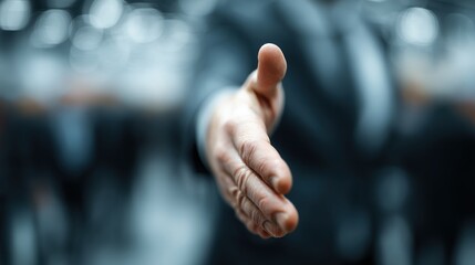 A business professional extends a hand, symbolizing greeting, partnership, or invitation in a blurred, dynamic background.