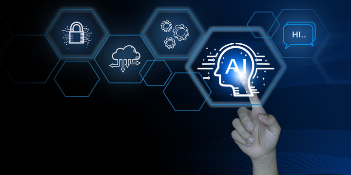 Artificial intelligence digital interface with human hand touch, cloud computing, security and innovation concept