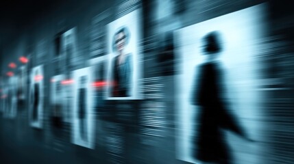 Fototapeta premium A blurred display of portraits creating a sense of motion, emphasizing anonymity and mystery within a digital art context.