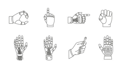 Collection of detailed robotic hand gestures in sketch style artistic renderings vector