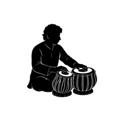 Black Silhouette of a Man Playing Tabla Indian Classical Music Instrument Vector on White Background