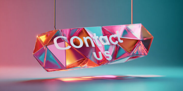A colorful, geometric light fixture with the text Contact us on it is suspended in mid-air against a gradient background of pink and blue hues. - Powered by Adobe