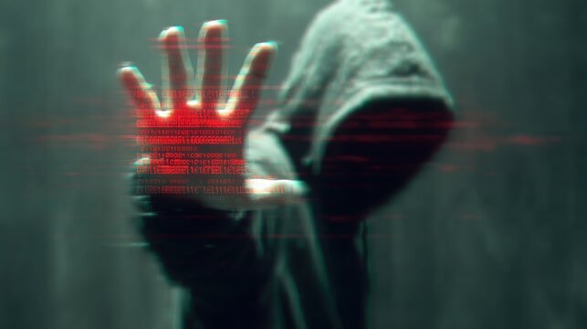 A shadowy figure in a hoodie extends a hand, with digital code overlaying the image, suggesting themes of technology and secrecy.
