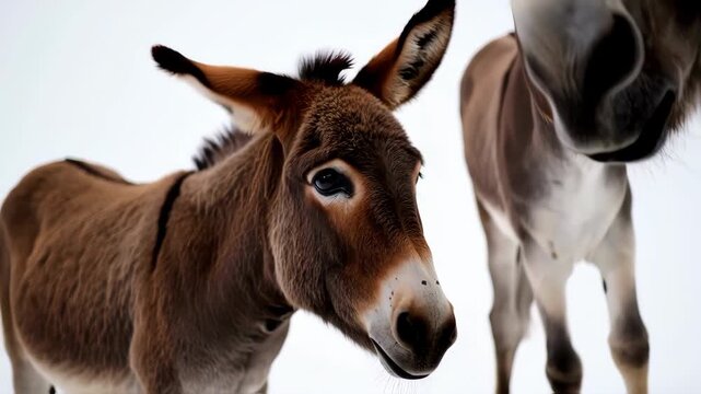 Close-up of two donkeys against a plain white background.  
