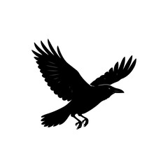 Flying Raven Silhouette Black Crow Bird Vector Illustration on White Background