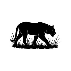 Black Silhouette of a Panther Walking Through Grass Wild Animal Vector Illustration on White Background.
