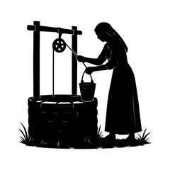 Traditional Woman Using Old Fashioned Water Well Vintage Silhouette Artwork