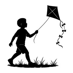 Silhouette of Boy Flying Kite Child Playing Outdoors with Kite in Hand on Grass Field