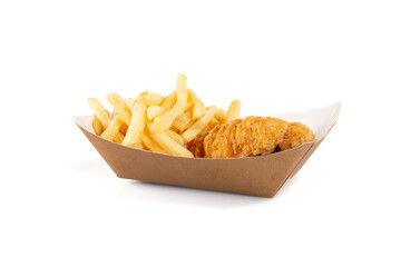 chicken nuggets with french fries in carton togo or take away on white background